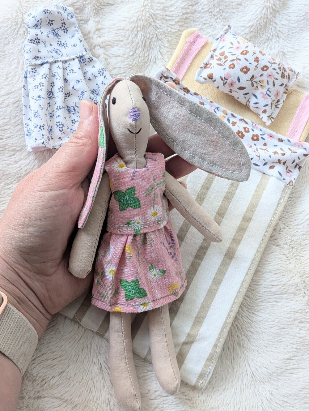 Hand-Sewn Little Rabbit Bunny with 2 Adorable Dresses Handmade Stuffed Animal